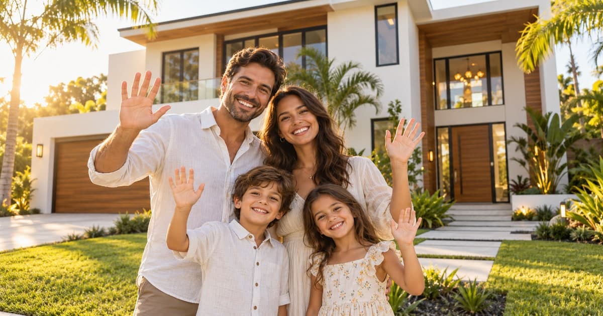 Una familia frente a su vivienda